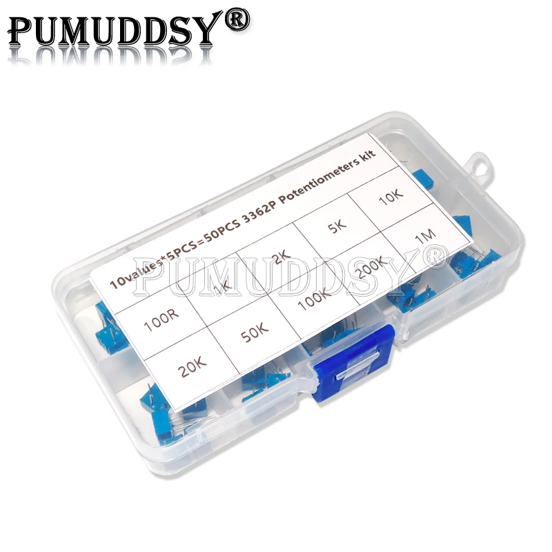 50 Uds 3362P Kit de potenciómetros de recorte multivuelta 10 valores * 5 uds 500R-1M 3362 potenciómetro 500 Ohm-1M ohm - imagen 2