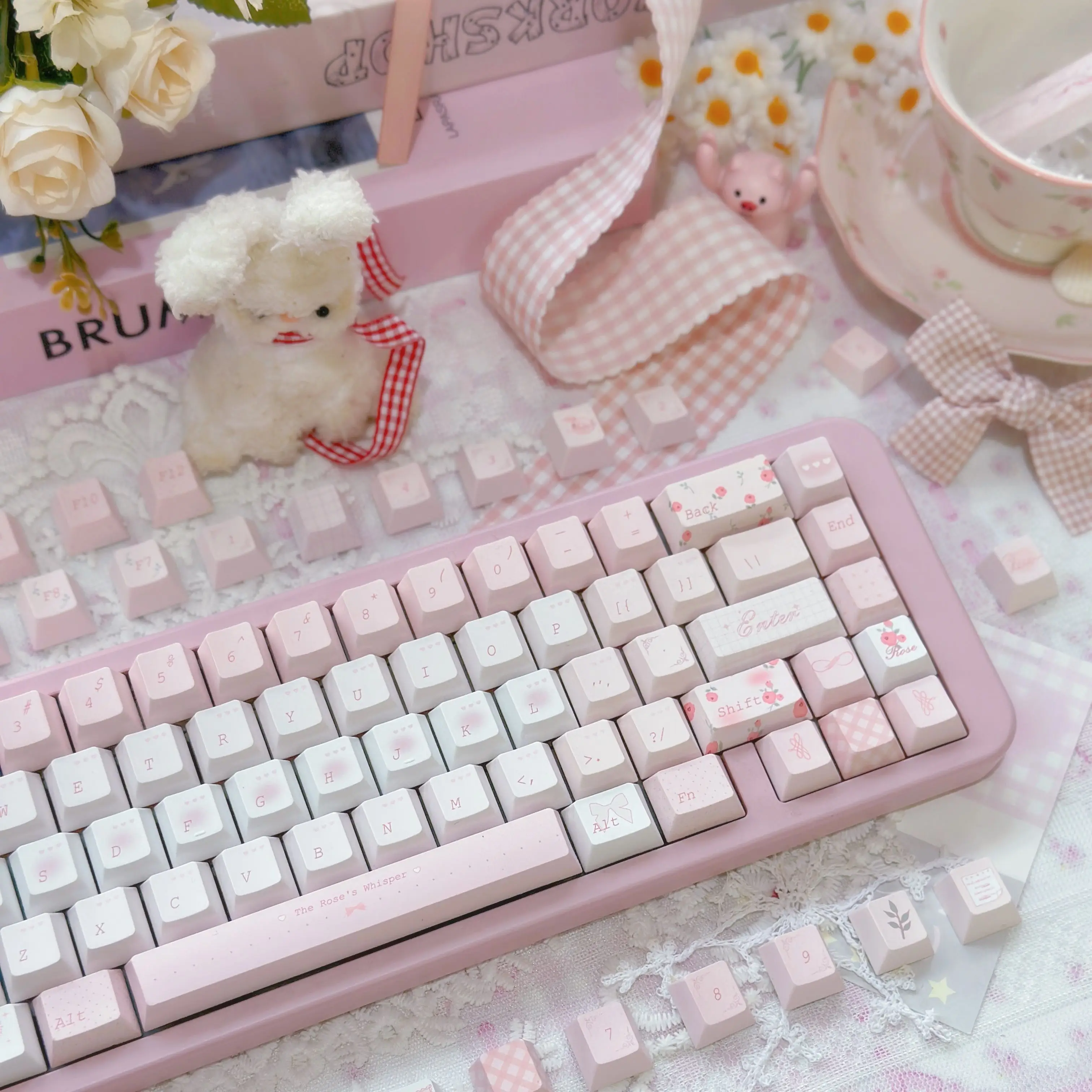 Rose Whisper-teclas rosas de sublimación de cinco caras Cherry Pbt, bonita personalidad adaptada a teclas de teclado mecánico Aula F75/F99 - imagen 2