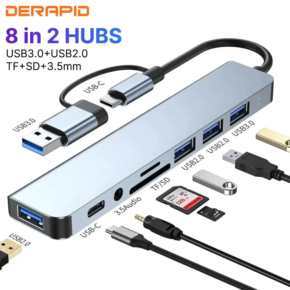 Concentrador de red USB 8 en 2, divisor múltiple de alta velocidad para PC/portátil/Macbook Pro/Switch, tipo C/USB3.0 a TF/PD + 3,5mm de Audio 5 en 2