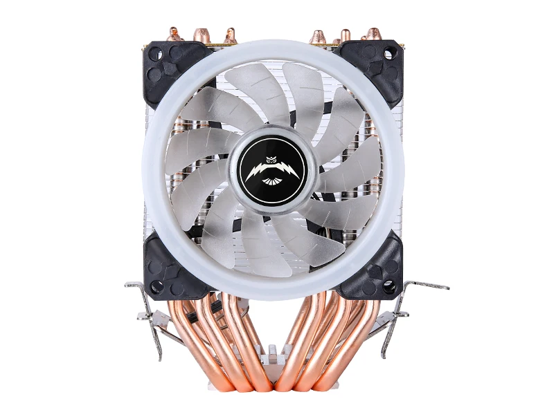 Un ventilador de computadora con un logotipo en blanco y negro