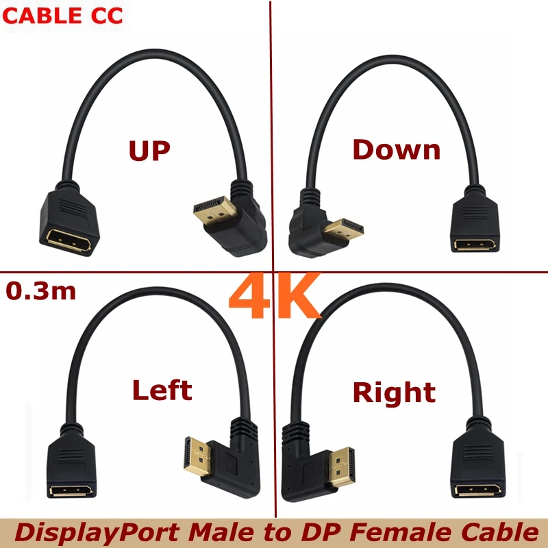 DisplayPort Dorado Macho 90 °   Cable de extensión ángulo macho a hembra 4K HD para proyectores, pantallas de cámaras digitales y televisión