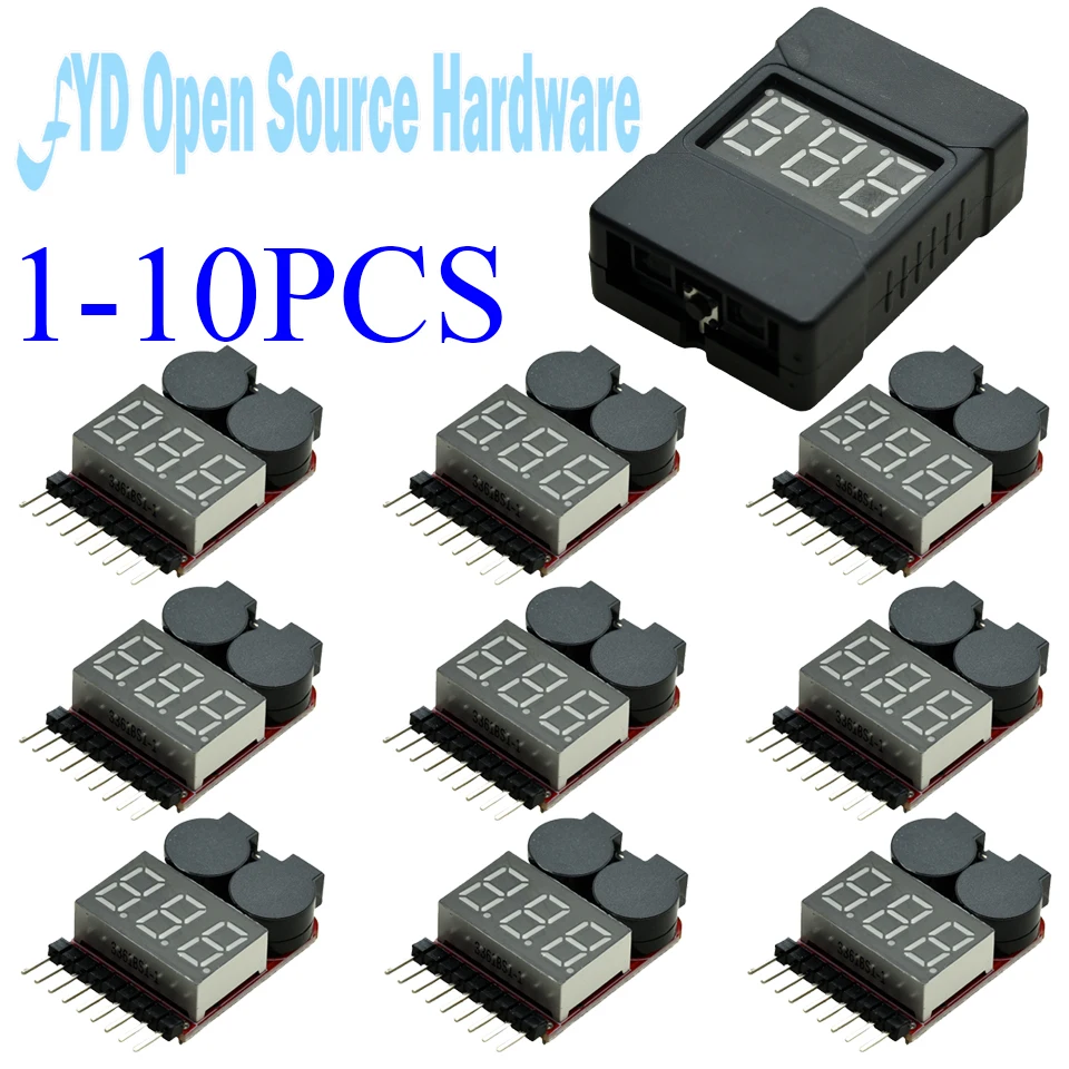 1-10 Uds. Comprobador y alarma de voltaje LiPo 1-8S: pantalla Digital de doble función con zumbador para Dron RC, UAV, paquete de batería 18650