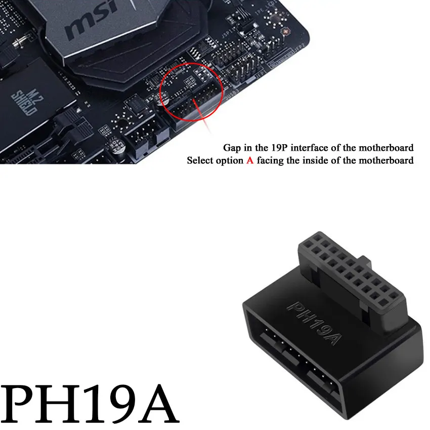 Adaptador de extensión USB 3,0 de 19/20 pines macho a hembra, convertidor en ángulo de 90 grados para conector de placa base PH19A - imagen 3