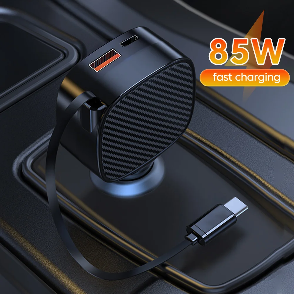 Cargador de teléfono para coche de carga rápida PD USB-C de 85W con Cable de datos retráctil tipo c para iPhone 16 Huawei Samsung Xiaomi cargador de coche