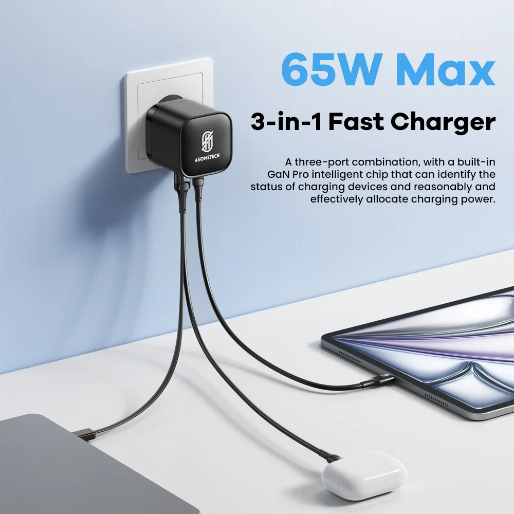 Cargador USB GaN de 65W con Cable retráctil tipo C, cargador rápido QC4.0 PD3.0 PPS de 3 puertos para Macbook, portátil, iPhone 16, 15, 14, Xiaomi - imagen 2