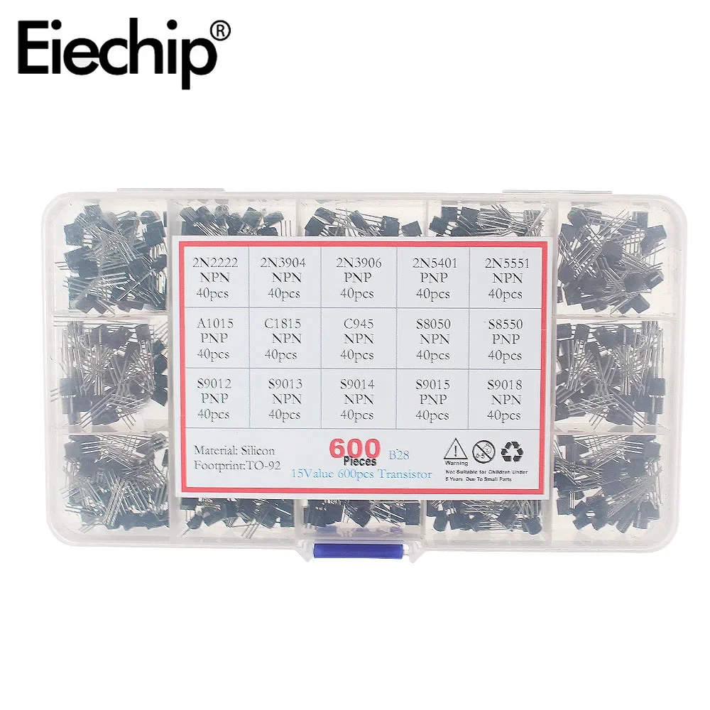 Kit de transistores de 15 valores x 40 piezas TO-92 2N2222 2N3904 2N3906 2N5401 2N5551 A1015 C1815 C945 S8050 S9012 S9013 S9015 S9018 - imagen 4