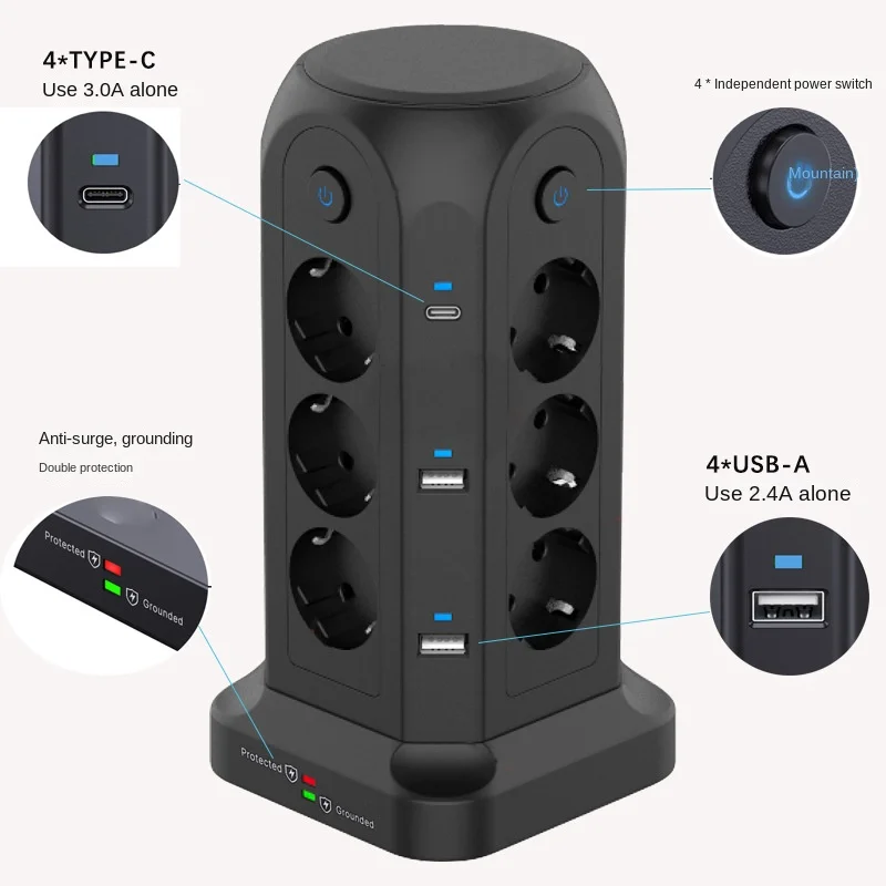 Enchufe de torre de energía multifuncional, 12 posiciones, 4 puertos USB + interruptor de Control independiente 2C, diseño USB Mart para el hogar y la Oficina - imagen 2