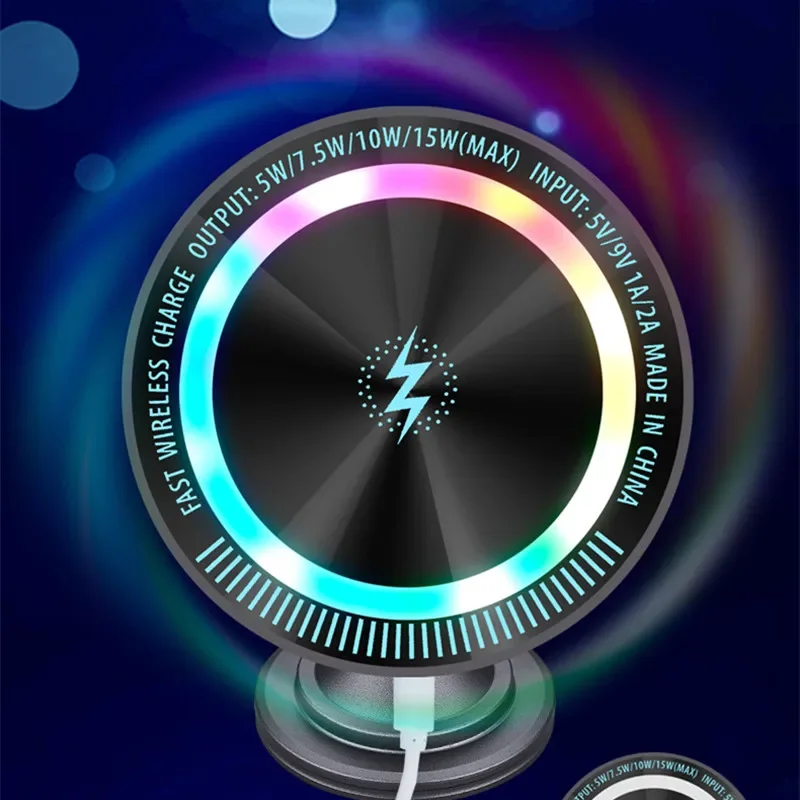 Cargador Inalámbrico Magnético 15W Luz RGB 360 ° Soporte de teléfono con rotación para Magsafe iPhone 17~12 Samsung Xiaomi carga rápida - imagen 3