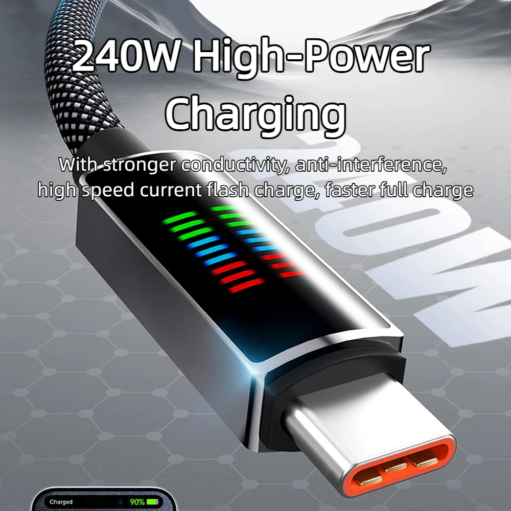 Cable de datos trenzado tipo C a USB C de 240W, Cable tipo C de carga rápida para MacBook iPhone 15 16 Samsung Xiaomi carplay LED - imagen 2