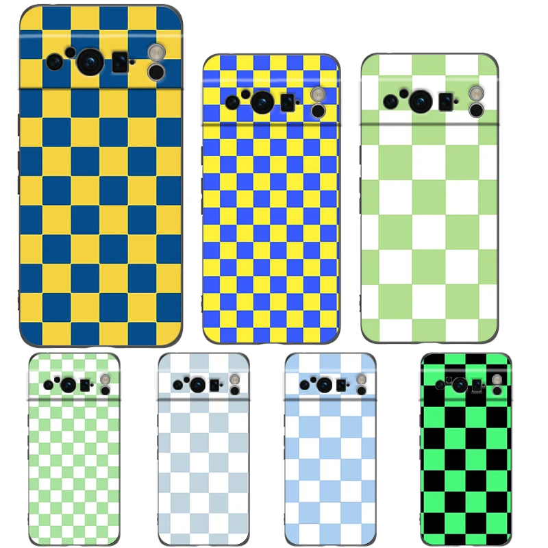 Funda de teléfono con rejilla de ajedrez clásica Retro para Google Pixel 9 8 7 6 Pro XL 8A 6A 7A 5G, funda negra de TPU suave a prueba de golpes