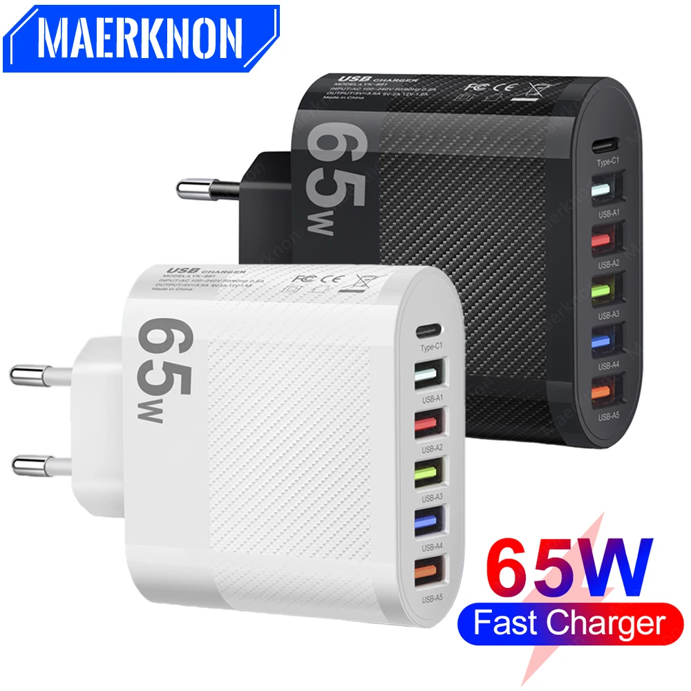 Cargador USB Total de 65W, multipuertos de carga rápida PD tipo C, adaptador de cargador de teléfono para iPhone, Xiaomi, Samsung, cargador rápido de 6 puertos