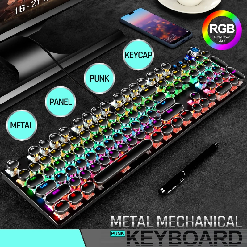 Teclado redondo Punk de 104 teclas con interruptor azul, teclado de ordenador blanco, Cable USB RGB con cable negro, Teclado mecánico para juegos 100% para PC - imagen 3
