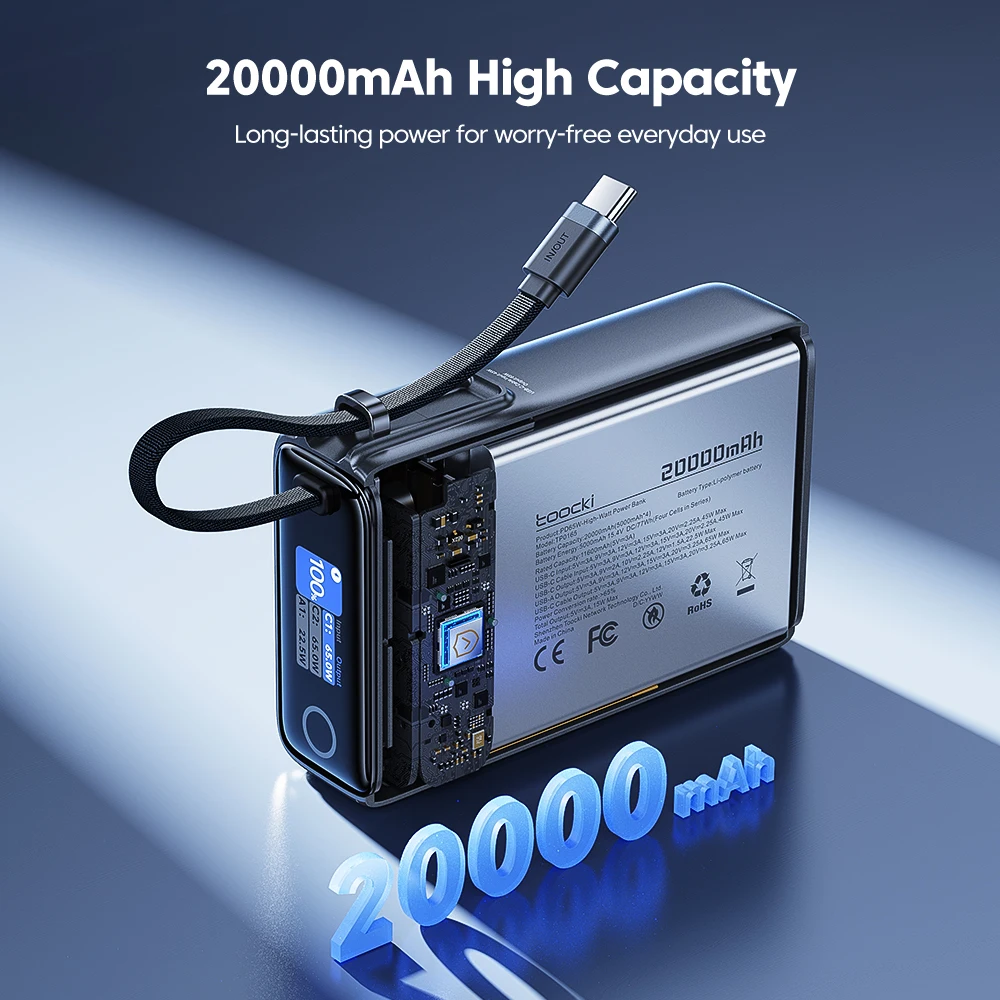 Toocki 20000mAh pantalla Powerbank PD 65W Super carga 3 en 1 banco de energía con Cable USB C para iPhone 17 16 15 Pro Samsung S23 S24 - imagen 4