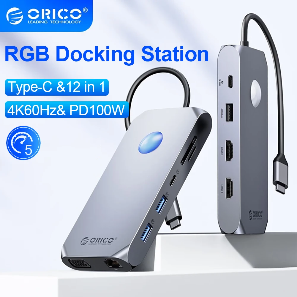 ORICO-estación de acoplamiento tipo C HUB a 4K60Hz, adaptador USB 3,0 compatible con HDMI, carga RJ45 PD100W para Macbook Pro, Accesorios para ordenador portátil