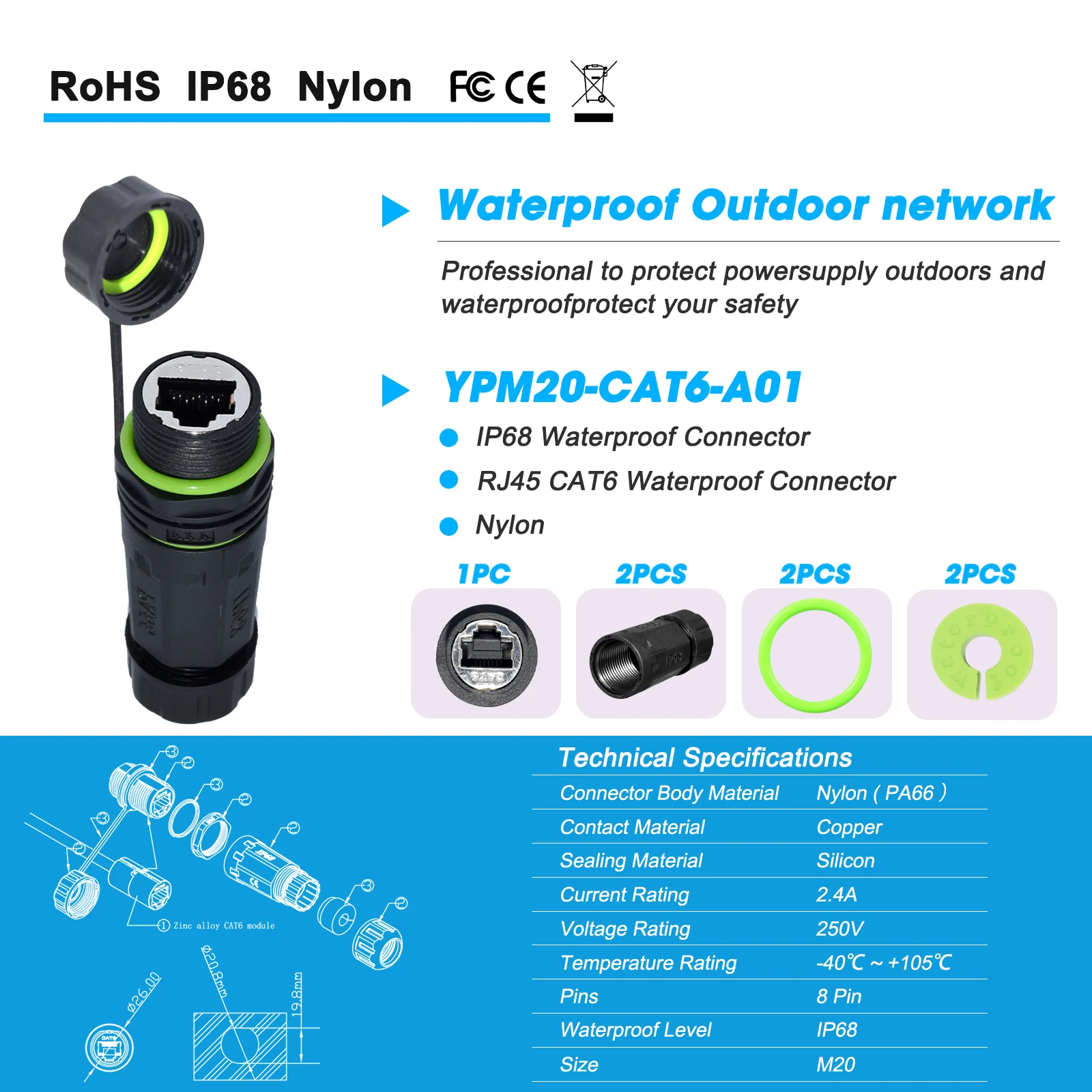 YXY-conector rj45 de aleación de Zinc, Cable de red de alta velocidad, extensores de Ethernet, Panel M20, IP68, CAT6, 2023 - imagen 5