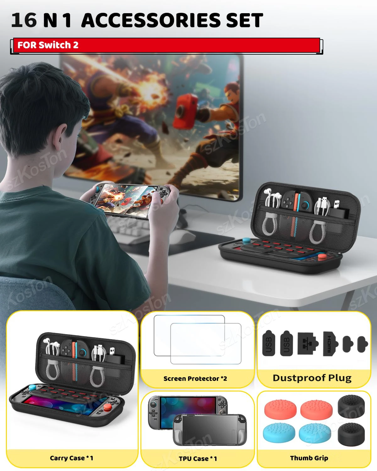 Paquete de accesorios 5 en 1 para Switch 2, Estuche de transporte portátil, cubierta protectora suave, Protector de pantalla, Kit de tapones antipolvo, empuñaduras para pulgar - imagen 3