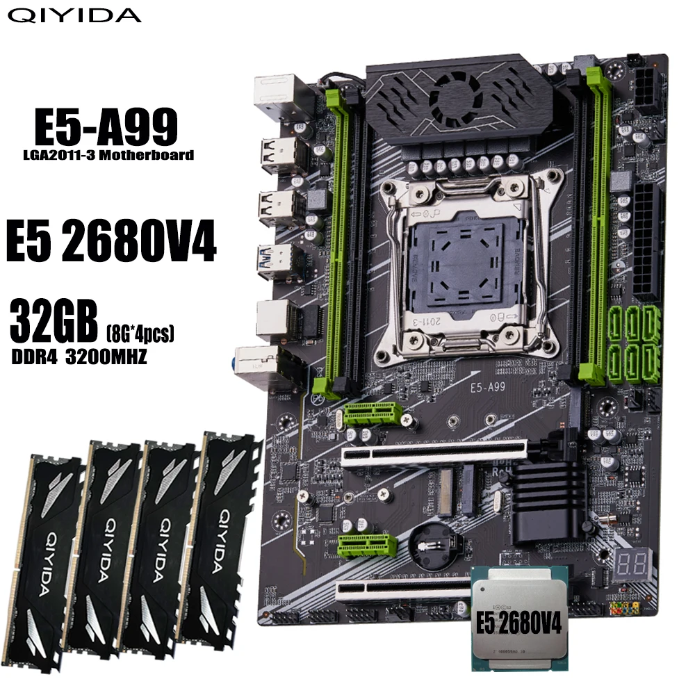 QIYIDA X99 kit de placa base xeon LGA2011-3 E5 2680 V4 4*8gb = 32GB 3200MHz 4 canales DDR4 SATA 3,0 nvme M.2 ATX