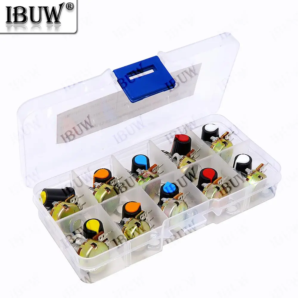 Kit de potenciómetro WH148 de 10 valores, 15mm, 3 pines con perillas para equipos de Audio y ajuste de circuito DIY WH148