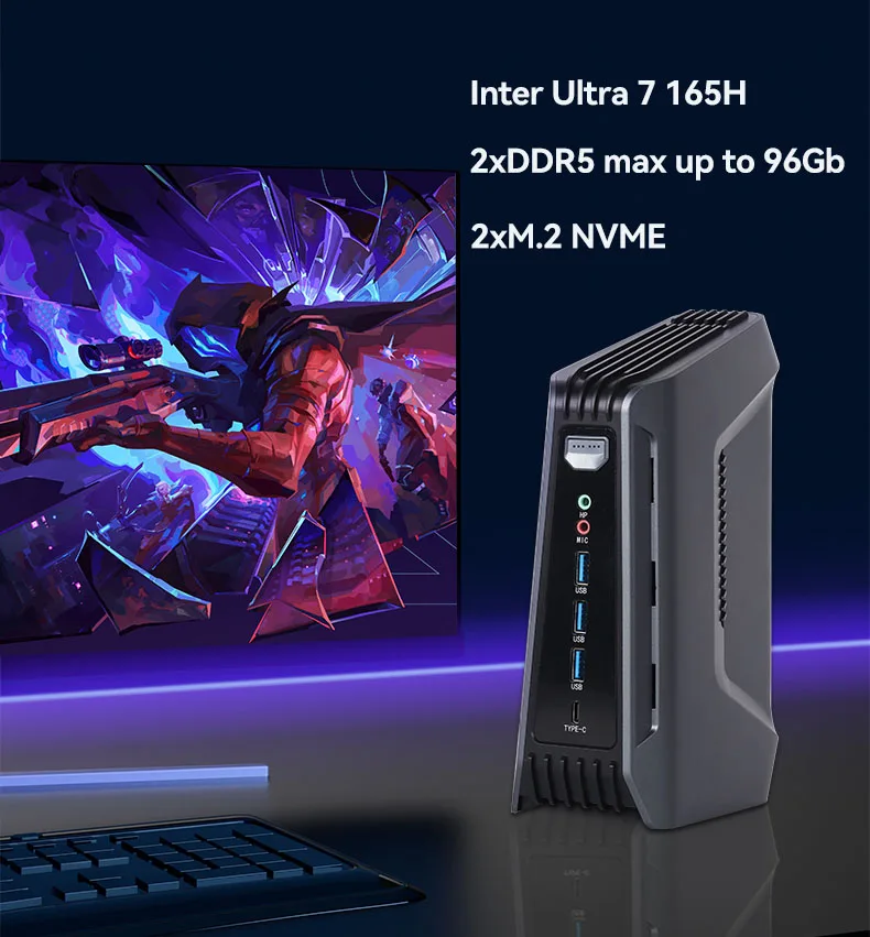 Helorpc Mini PC Gaming con Inter Ultra 7 165H Soporte Win10 con 2xDDR5 2xM.2 NVME 1xHDMI2.1 1xTYPE-C 3xUSB3.2 Computadora de escritorio