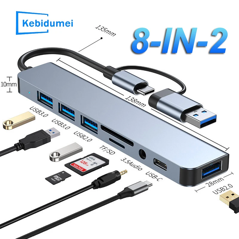 HUB de estación de acoplamiento 8 en 2, adaptador de salida de Audio USB 3,0 tipo C, divisor de transmisión de alta velocidad de 5Gbps, lector de tarjetas SD TF para Macbook