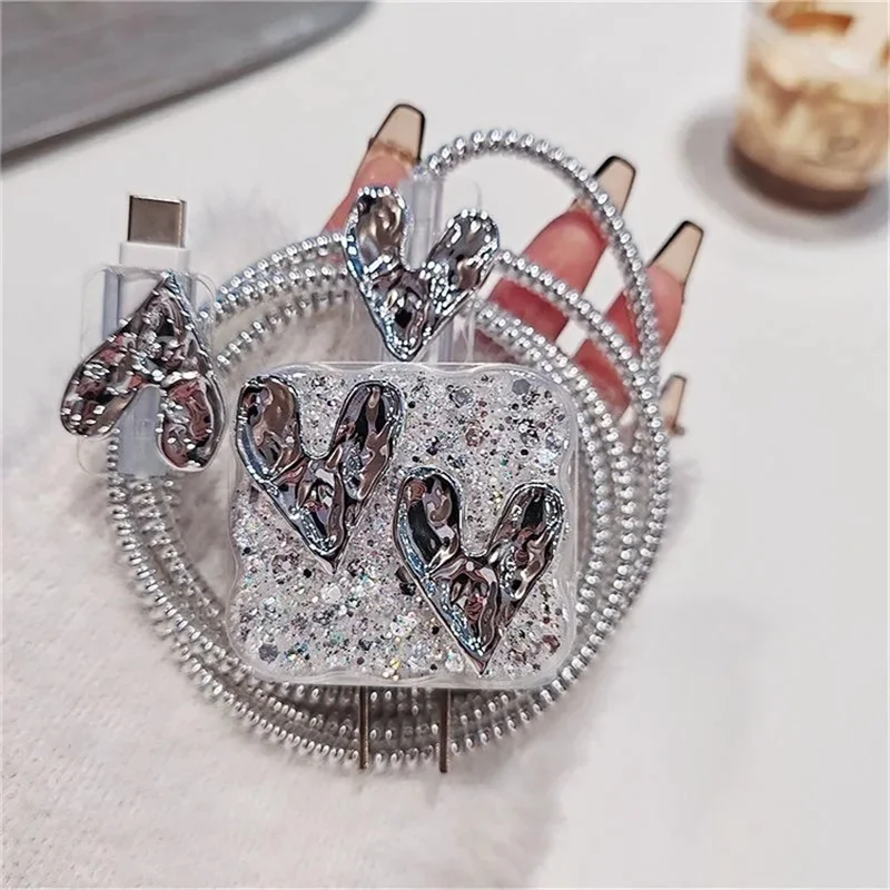 Funda de silicona con forma de corazón de amor y purpurina de lujo para IPhone 11, 12, 13, 14, 15, 18W-20W, funda protectora de carga transparente, funda de cargador - imagen 5