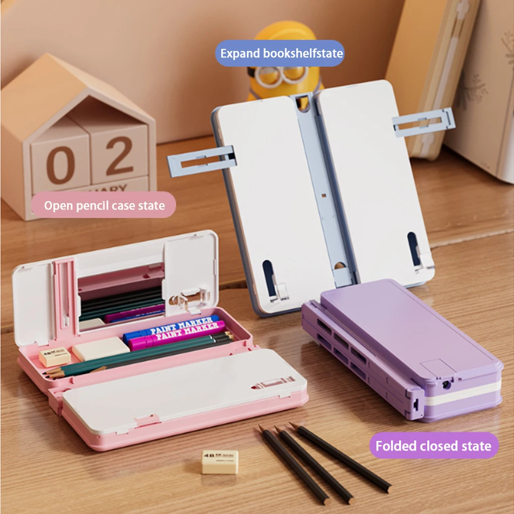 Estuche de bolígrafo con soporte, soporte de lectura, organizador de papelería, estantería de lectura plegable, caja de lápices, organización de estantería - imagen 2