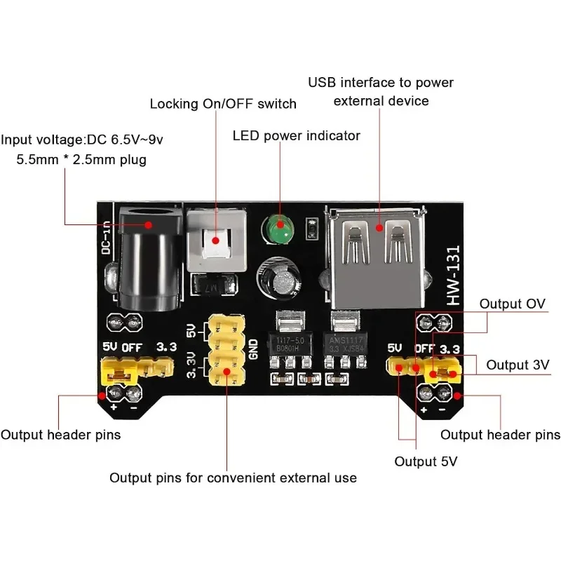 3 juegos 3,3 V 5V MB-102 módulo de fuente de alimentación de placa de pruebas sin soldadura con Cable de alimentación de Clip de batería de 9V 2,1x 5,5mm enchufe Jack CC macho - imagen 2