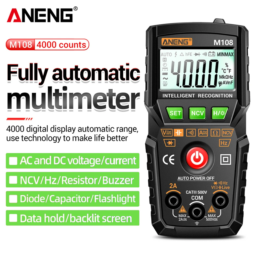 ANENG-Mini multímetro Digital M108, probador de voltaje de Corriente CA/CC sin contacto, medidor de capacitancia de resistencia, 4000 recuentos