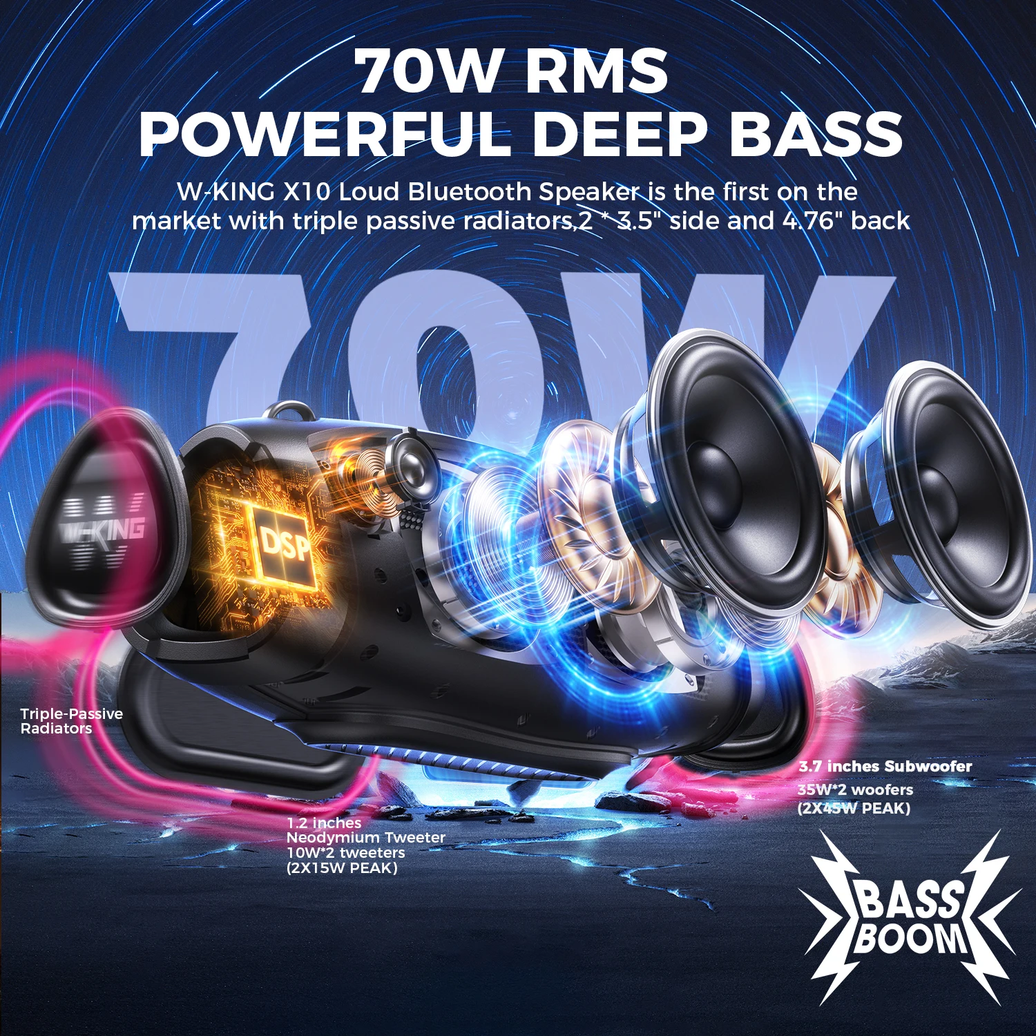 W-KING Altavoz Bluetooth portátil resistente al agua de 70W, subwoofer Boombox inalámbrico para exteriores, radiadores pasivos triples, graves profundos - imagen 2