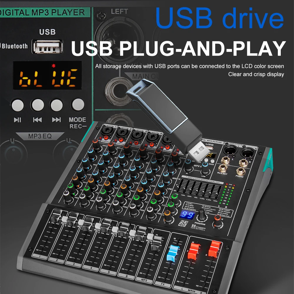 Mezclador de consola USB profesional con 99 efectos de reverberación integrados, mezclador de Audio profesional Digital de 6 canales - imagen 4