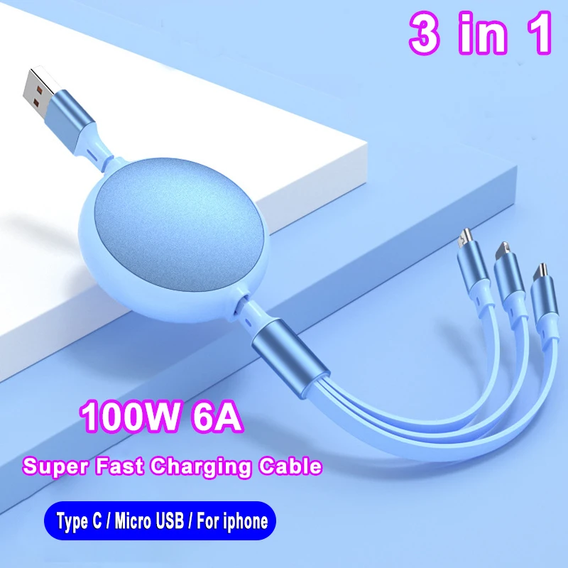 Cable de carga rápida 3 en 1 de 100W, Cable USB múltiple retráctil para Samsung, Xiaomi 13, Cable de cargador de microteléfono para IPhone 14