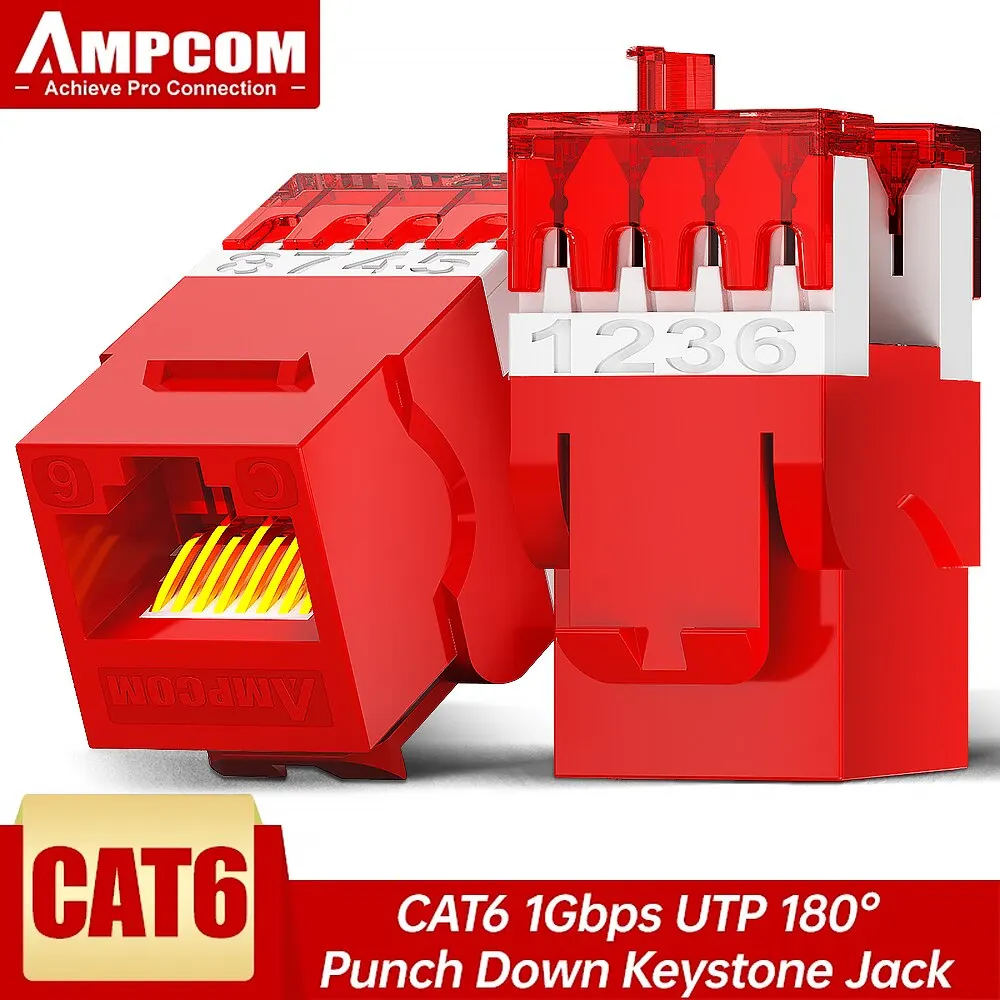 AMPCOM CAT6 Keystone Jack tipo delgado, conector de módulo RJ45 sin enganche tipo Krone de 1/ 10Gbps, enchufe UTP chapado en oro de 50U de 180 grados