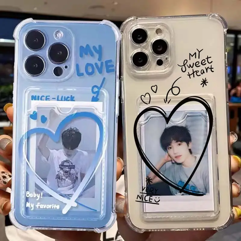 Love Heart-Funda de silicona transparente para IPhone, carcasa suave con ranura para tarjetas, 15 Pro Max, 14, 13, 11, 12 Mini, 6, 7, 8 Plus, X, XS, XR