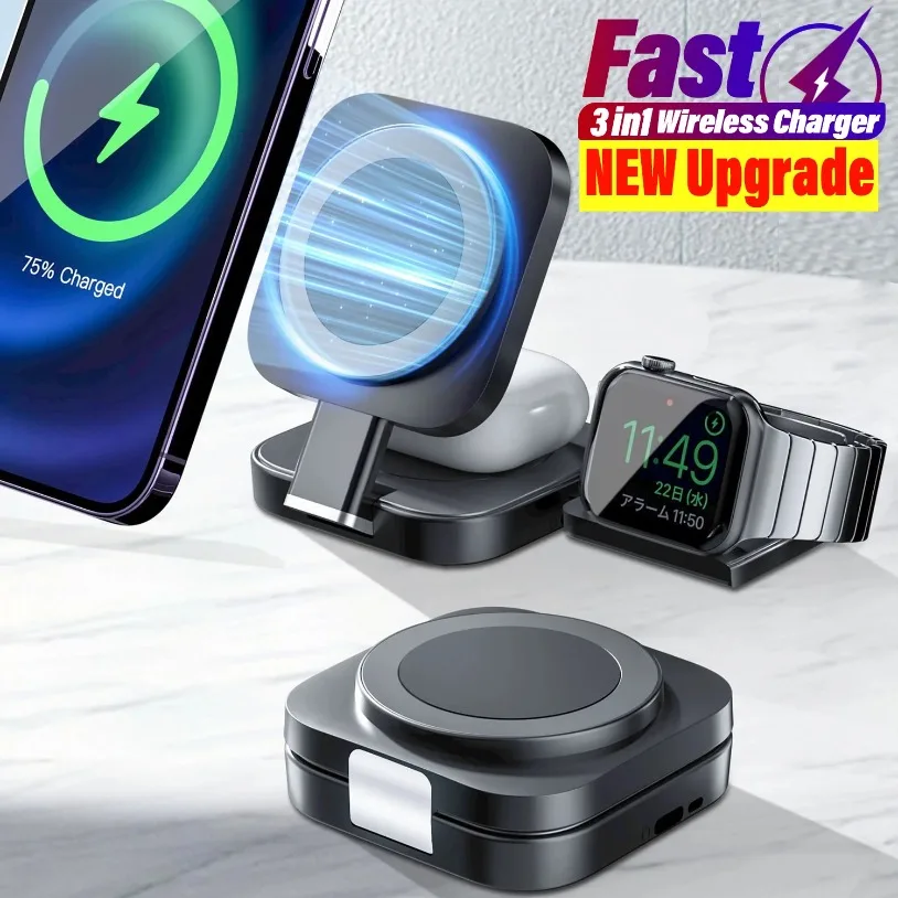 Carga inalámbrica magnética plegable 3 en 1 para Apple Magsafe soporte de cargador para iPhone 16-12 Pro IWatch Airpods 2 3 cargador