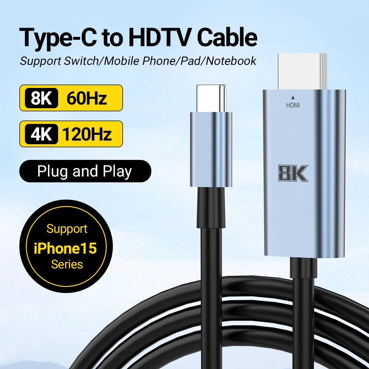 Cable de conversión USB tipo C a HDMI portátil, 2m, 8k, 60Hz/4K, 120Hz, para acoplamiento de TV en Lattop/móvil/pantalla/Macbook Pro