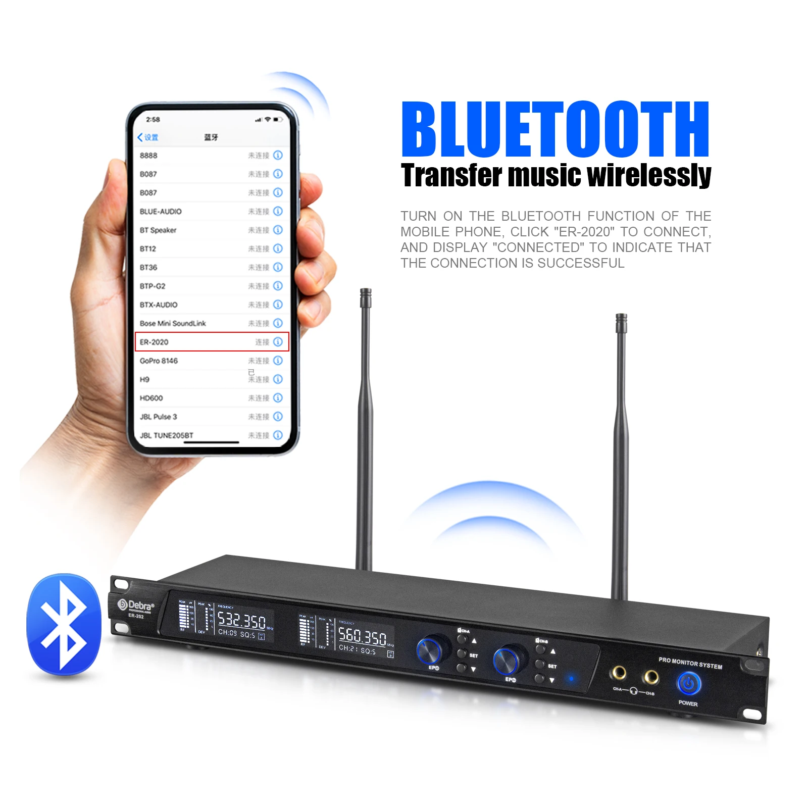 Debra ER-202 sistema de Monitor de oído inalámbrico UHF de Audio de escenario con transmisor múltiple para cantante de puesta en escena - imagen 3