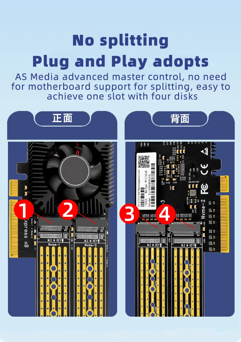 Tarjeta de expansión PCI-E X4 / X8 a 4 puertos M.2 M-Key B & M para NVME 2230 2242 2260 2280 22110 tarjeta adaptadora de matriz SSD para chasis 2U - imagen 4