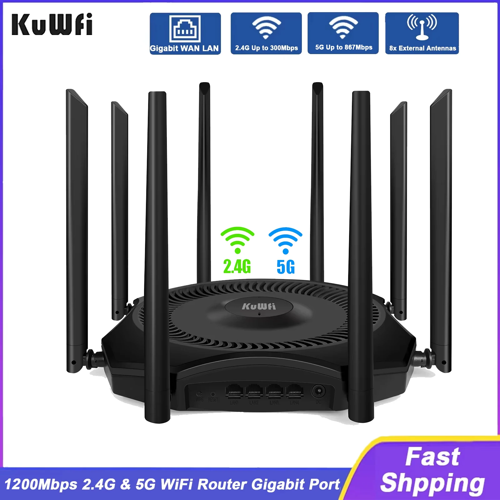 Enrutador AP KuWFi de 1200Mbps, enrutador WiFi de doble banda 11ac 2,4G 5G, antenas externas, puerto LAN Gigabit WAN, compatible con 64 usuarios, malla VPN