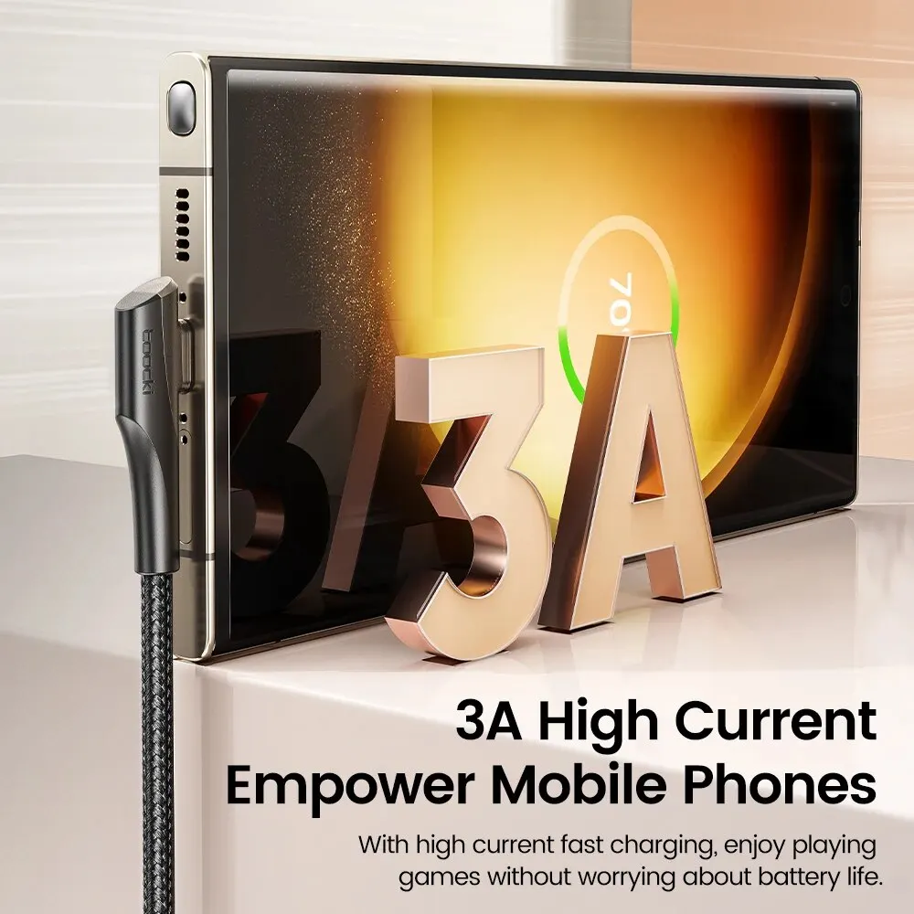 Toocki 3A Cable USB carga rápida 3,0 Cable de carga rápida tipo C Cable de datos de codo doble de 90 grados para Huawei Xiaomi Samsung Realme - imagen 2