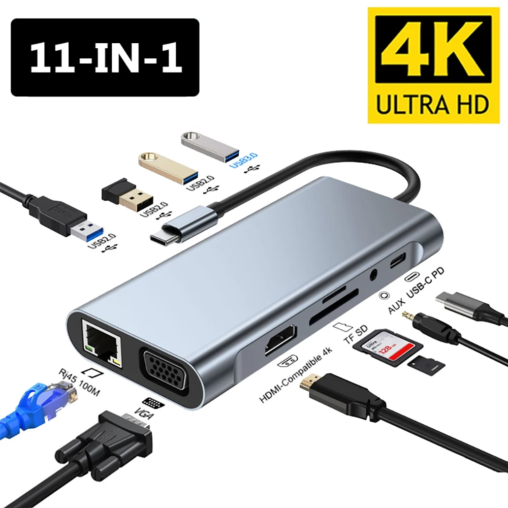 USB C HUB 4K 30Hz tipo C a HDMI adaptador USB 3,0 compatible 11 en 1 tipo C HUB Dock PD 87W USB C divisor para MacBook Pro Air