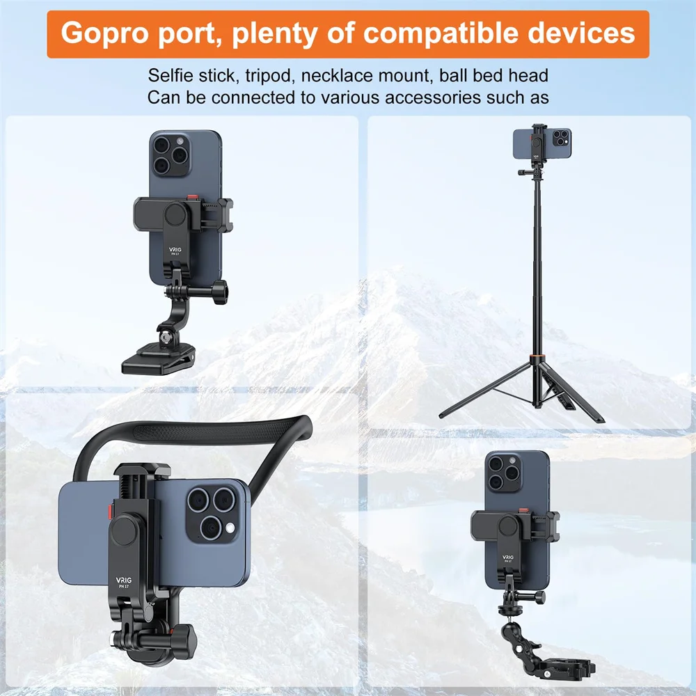 VRIG-abrazadera de soporte para teléfono con zapata fría doble, soporte con puerto Gopro para Iphone, Android, Smartphone, cámara, trípode, adaptador, luz de micrófono - imagen 4