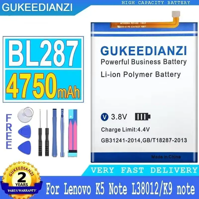Batería de repuesto confiable para teléfono móvil BL287 para Lenovo K5 Note L38012 K9 6,0 pulgadas 4750Mah