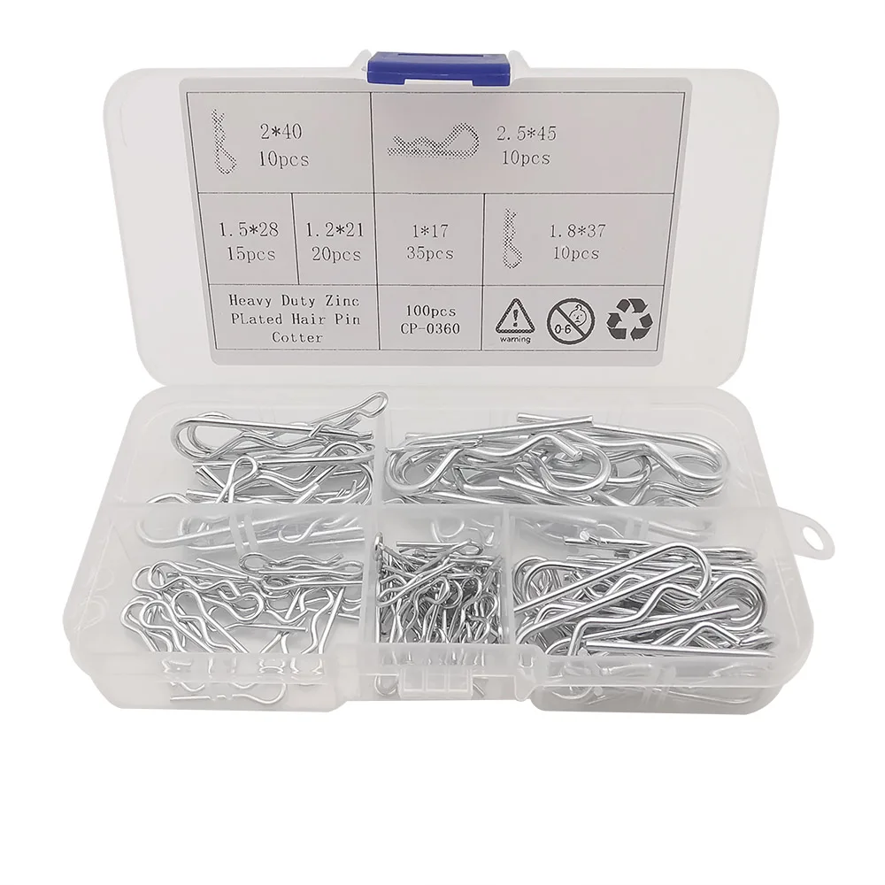 Kit surtido de pasadores de algodón Tipo R para Tractor, pinzas para coche, enganche para pelo, Clip de acero para Tractor, Kit de agarre con caja de plástico, 100 Uds.