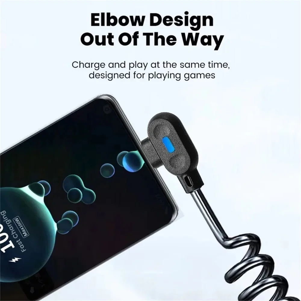 Cable de carga rápida con resorte curvo 6A, con lámpara de respiración, Cables de carga extensibles, Cables de datos de doble curva, cables USB a tipo C - imagen 3