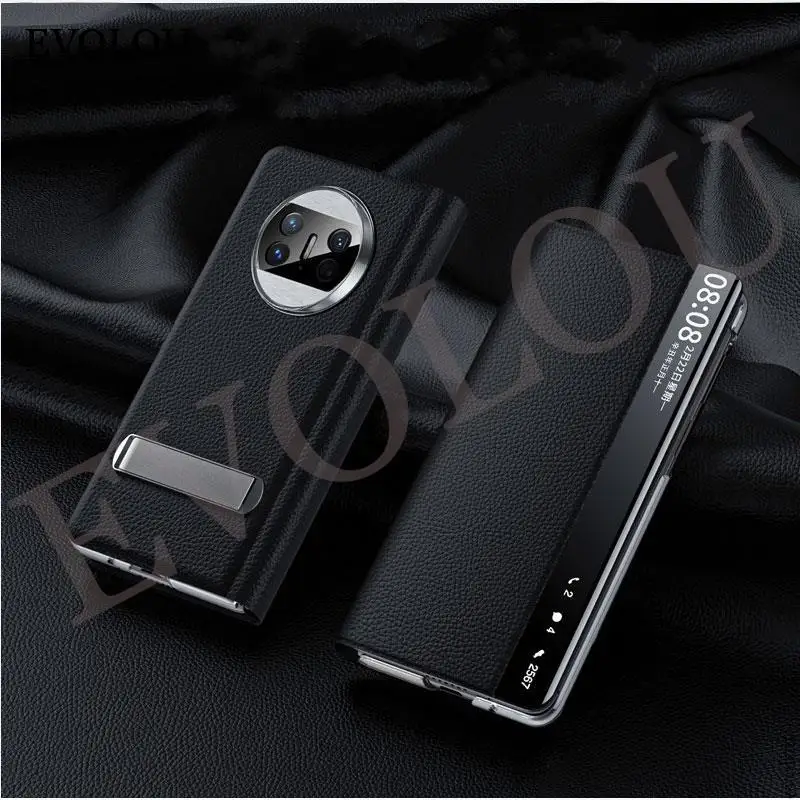 Funda plegable de cuero PU lichi para Huawei Mate X3, cubierta de soporte a prueba de golpes, ventana de visión inteligente, Mate X3 - imagen 5