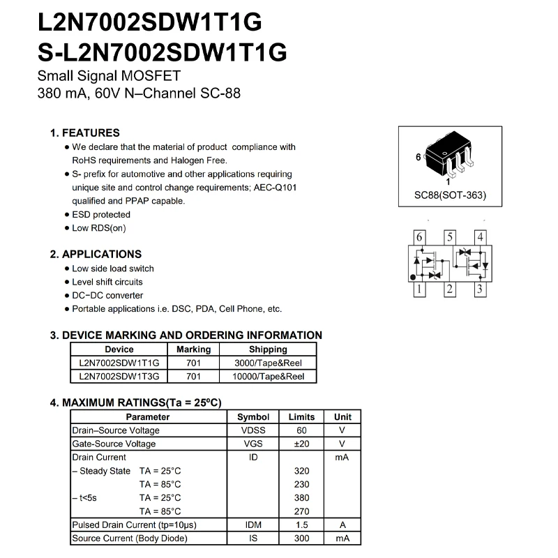 L2N7002SDW1T1G SOT-363 701 20 piezas MOSFET de señal pequeña 380 mA, 60 V N - Transistor de efecto de campo SC-88 de canal - imagen 2