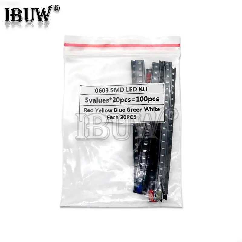 Kits de LED SMD 100, 0603 piezas, rojo, amarillo, azul, verde, blanco, 5 colores cada 20 piezas, kit de bricolaje electrónico de piezas