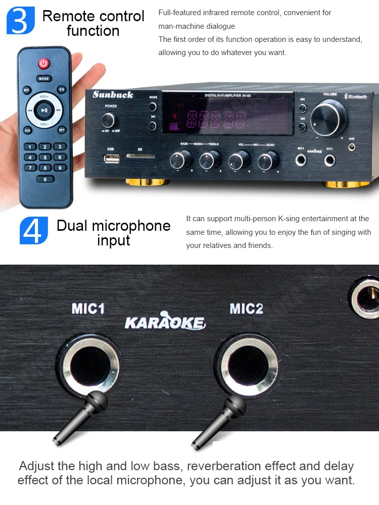 Sunbuck AV-80/298BT 2000W amplificadores estéreo Bluetooth amplificador HiFi profesional de alta potencia con Control remoto FM USB SD 2 entrada de micrófono - imagen 5
