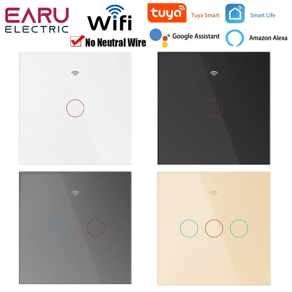 Tuya-interruptor de luz táctil inteligente con WiFi, interruptor de luz LED remoto inalámbrico, No requiere cable neutro, 1/2/3 entradas, Alexa y Google Home - imagen 2