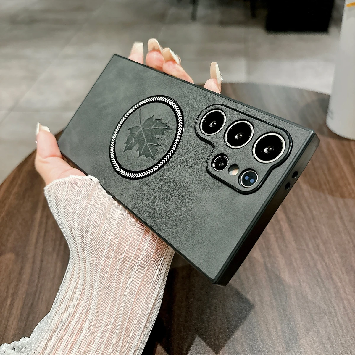 Funda magnética de hoja de arce para Samsung Galaxy S26 S25 S24 S23 S22 S21 Ultra Plus FE Note20 Funda de cuero Magsafe carcasa completa para cámara - imagen 3